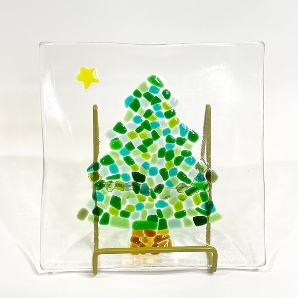 Fused Glass Decorative Plate Dish Christmas Tree Star 6.5" x 6.5" Signed - Picture 1 of 4